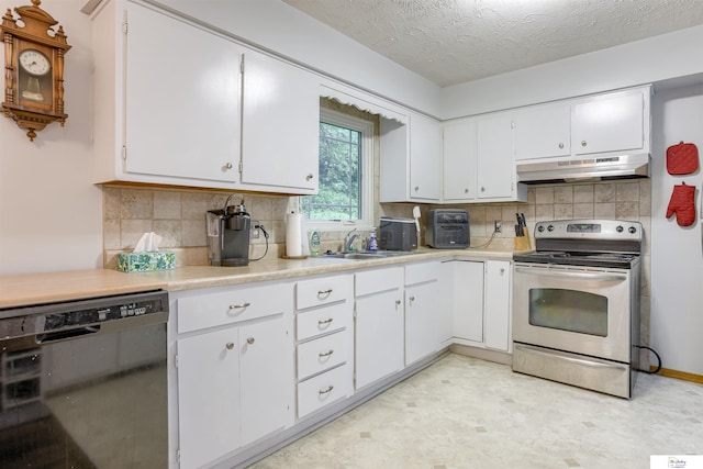 7545 Sherman Dr, Omaha, NE 68134 - kitchen featuring stainless steel range with electric stovetop, under cabinet range hood, dishwasher, a textured ceiling, and white cabinets