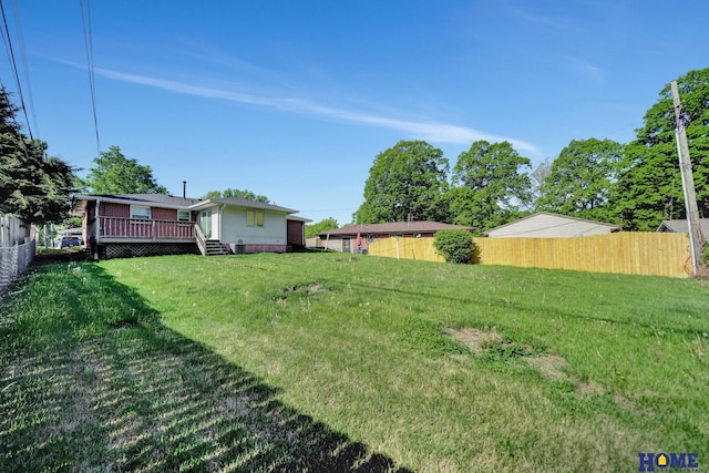 view of yard featuring a wooden deck and fence