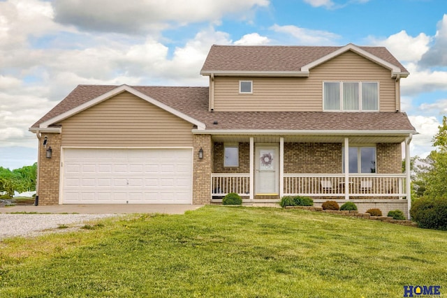 29033 N Golden Pond Rd, Firth, NE 68358 - traditional home with gravel driveway, covered porch, a shingled roof, brick siding, and a garage