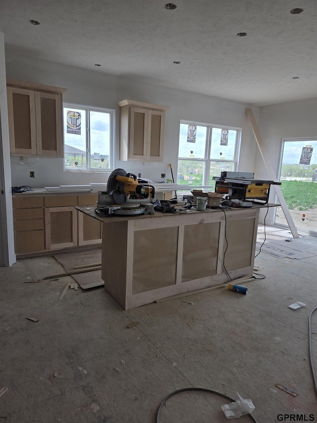 19826 Cinnamon St, Omaha, NE 68135 - kitchen featuring light brown cabinetry, plenty of natural light, and a textured ceiling