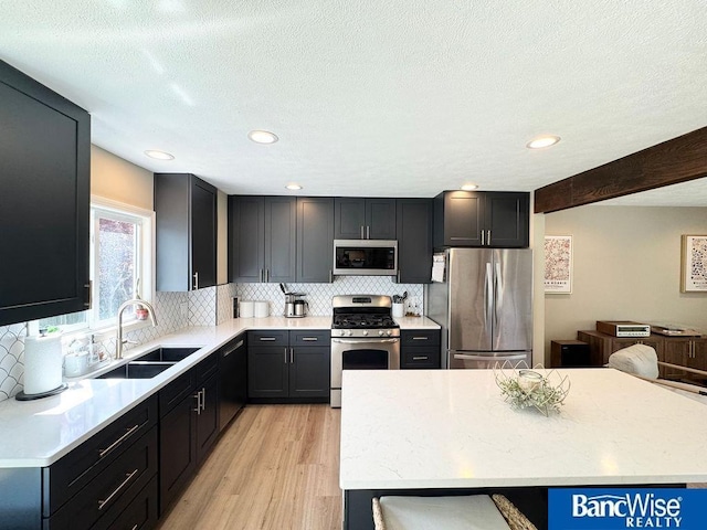 kitchen featuring stainless steel appliances, a sink, light wood-style floors, backsplash, and a textured ceiling