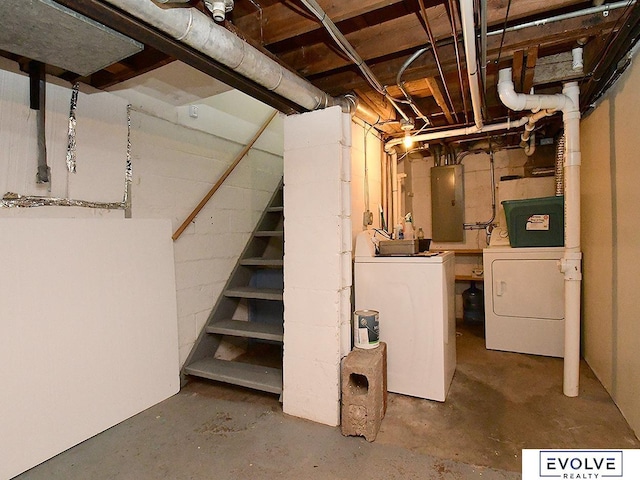 unfinished below grade area featuring washing machine and dryer and electric panel