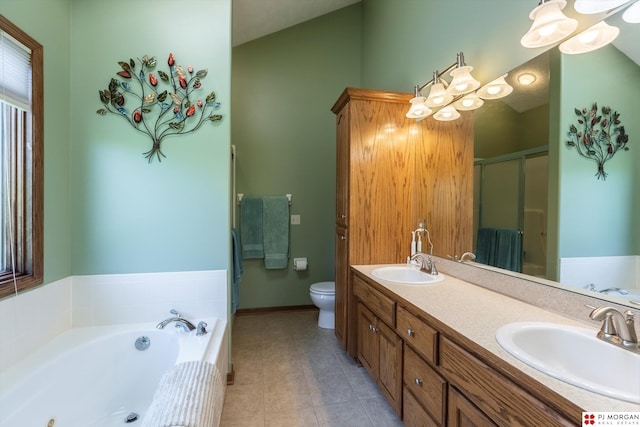 full bathroom with toilet, a stall shower, double vanity, a jetted tub, and lofted ceiling