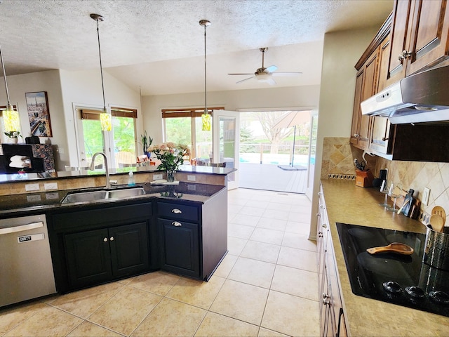 kitchen with dishwasher, a sink, vaulted ceiling, under cabinet range hood, and a ceiling fan