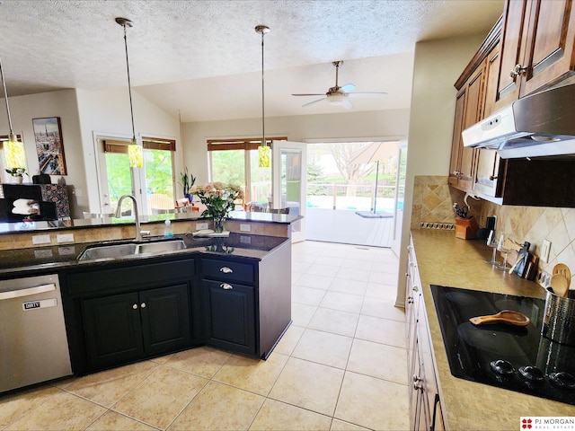 kitchen featuring dishwasher, a sink, vaulted ceiling, under cabinet range hood, and a ceiling fan