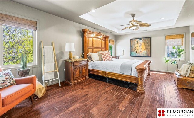 bedroom with multiple windows, dark wood finished floors, and a raised ceiling