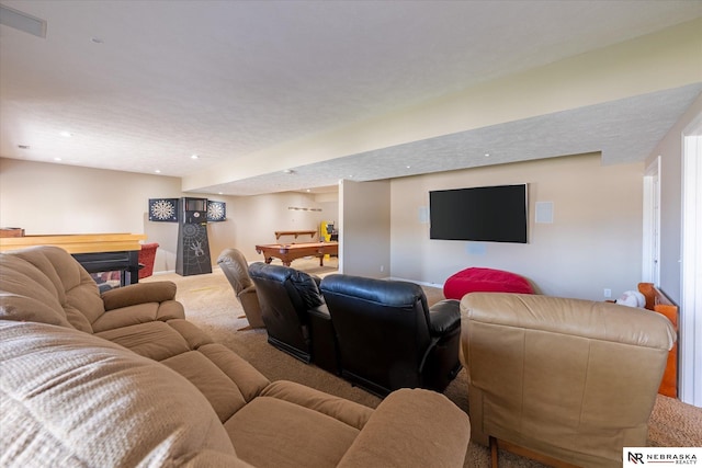 carpeted living area with billiards table and recessed lighting