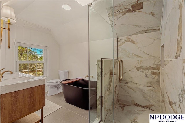 5650 Poppleton Ave, Omaha, NE 68106 - bathroom with a marble finish shower, toilet, vanity, lofted ceiling, and tile patterned floors
