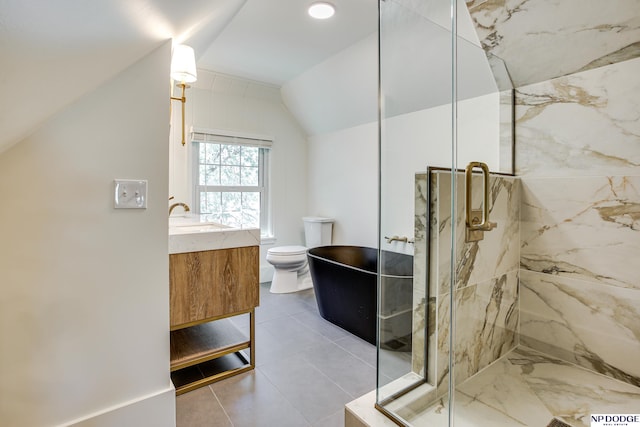 5650 Poppleton Ave, Omaha, NE 68106 - full bath featuring a marble finish shower, lofted ceiling, vanity, toilet, and tile patterned floors