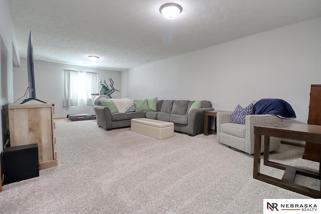 carpeted living room featuring a textured ceiling