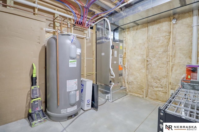 utility room featuring water heater and heating unit