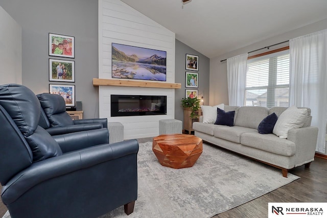 living room with wood finished floors, a glass covered fireplace, and high vaulted ceiling