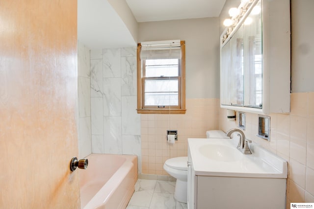 full bathroom with toilet, marble look tile flooring, vanity, and tile walls