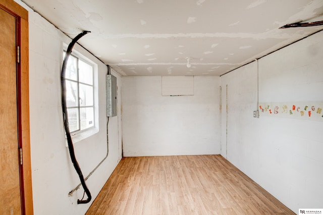 unfurnished room with light wood finished floors and electric panel
