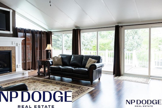 living area featuring wood finished floors, a fireplace, and vaulted ceiling