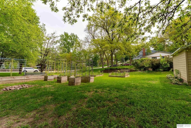 view of green lawn with a garden