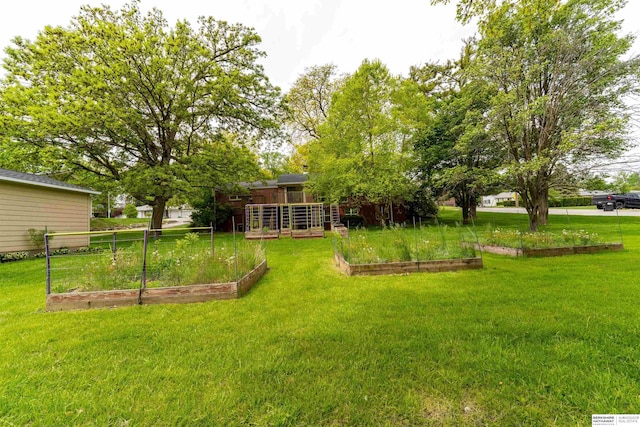 view of grassy yard with a garden