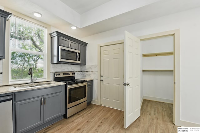 kitchen featuring stainless steel appliances, gray cabinetry, a sink, tasteful backsplash, and light wood finished floors