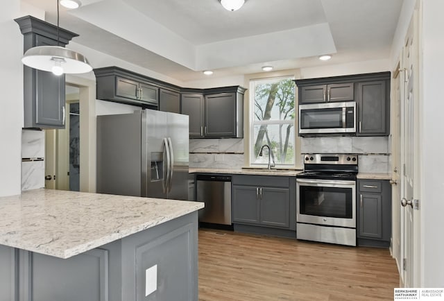 kitchen with stainless steel appliances, a sink, a peninsula, decorative backsplash, and wood finished floors