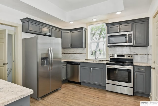 kitchen with appliances with stainless steel finishes, a sink, decorative backsplash, gray cabinetry, and recessed lighting