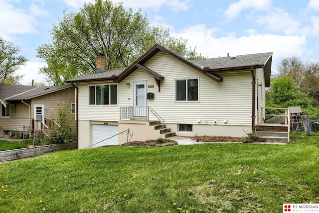 ranch-style house with a garage, a chimney, a front lawn, and a shingled roof