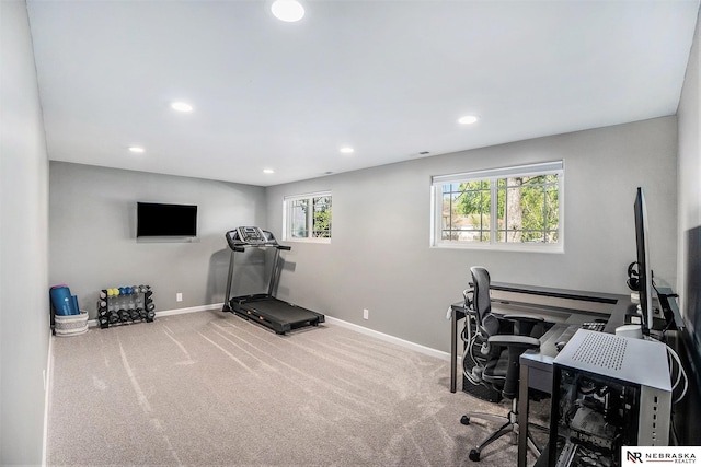 office featuring baseboards, carpet flooring, and recessed lighting