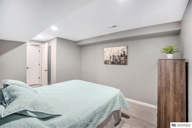 carpeted bedroom with baseboards and recessed lighting
