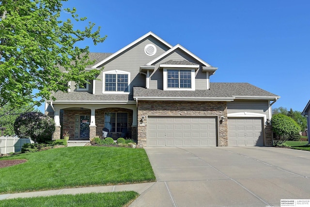 craftsman-style house with driveway, stone siding, a porch, roof with shingles, and a garage