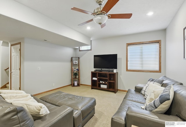 living room featuring light colored carpet, baseboards, a ceiling fan, recessed lighting, and stairway