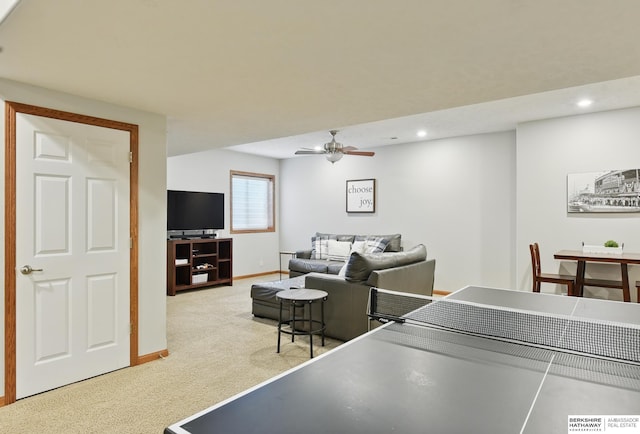 playroom featuring light carpet, recessed lighting, ceiling fan, and baseboards