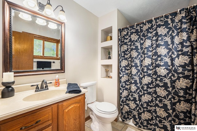 14523 Parker St, Omaha, NE 68154 - bathroom featuring toilet, tile patterned flooring, vanity, and curtained shower