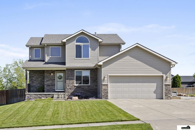 view of front of home featuring concrete driveway, an attached garage, stone siding, and a shingled roof