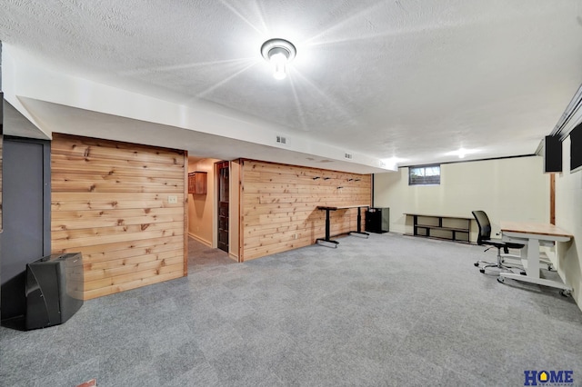 below grade area featuring wooden walls, carpet, and a textured ceiling
