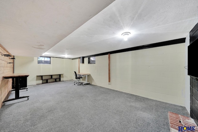 basement with carpet floors, concrete block wall, and a textured ceiling