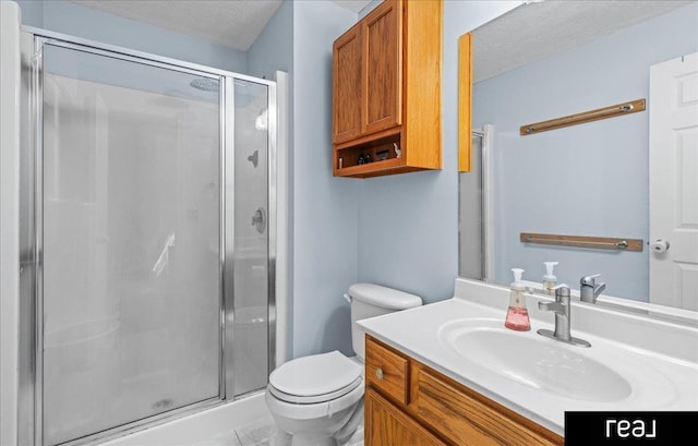 11019 Weber St, Omaha, NE 68142 - bathroom featuring a stall shower, vanity, toilet, and a textured ceiling