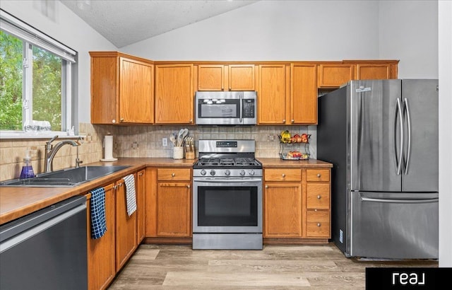 11019 Weber St, Omaha, NE 68142 - kitchen with appliances with stainless steel finishes, vaulted ceiling, a sink, light wood-style flooring, and decorative backsplash