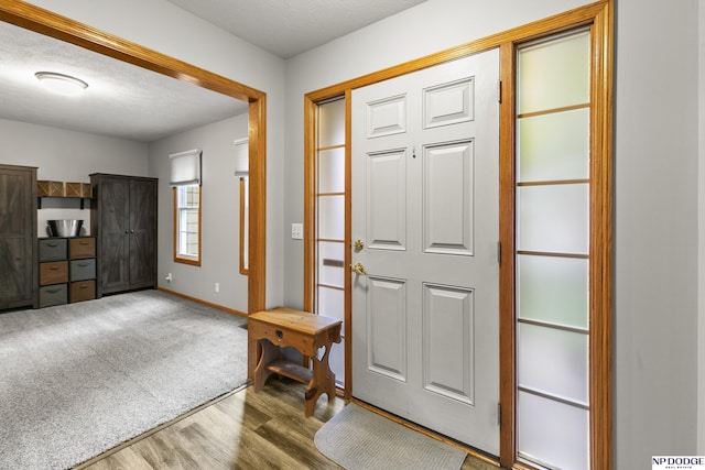 foyer featuring wood finished floors, baseboards, and a textured ceiling