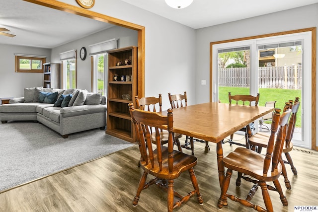 dining area with wood finished floors and ceiling fan