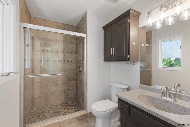 full bathroom featuring a shower stall, vanity, and toilet