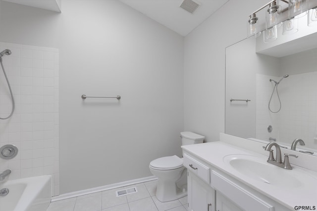 full bath with tile patterned flooring, bathtub / shower combination, toilet, vanity, and baseboards