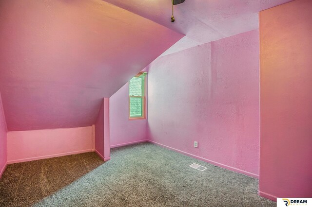 additional living space featuring vaulted ceiling, carpet flooring, a textured wall, and baseboards