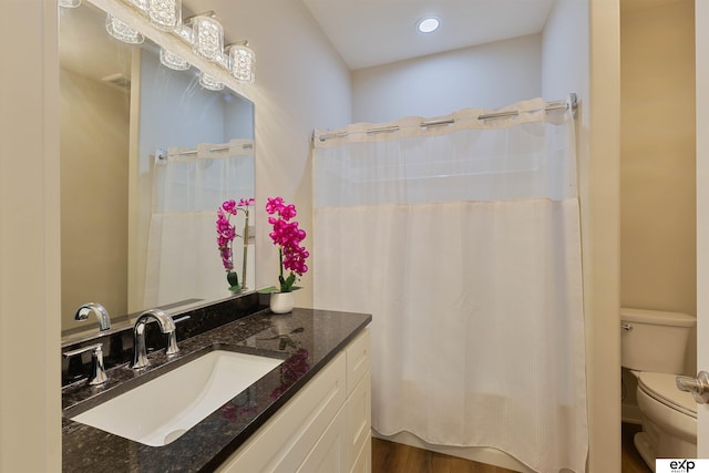 513 13th Ave, Plattsmouth, NE 68048 - full bathroom with toilet, vanity, wood finished floors, and curtained shower