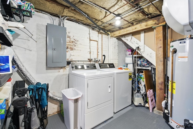 laundry area featuring electric panel, water heater, and washer and dryer