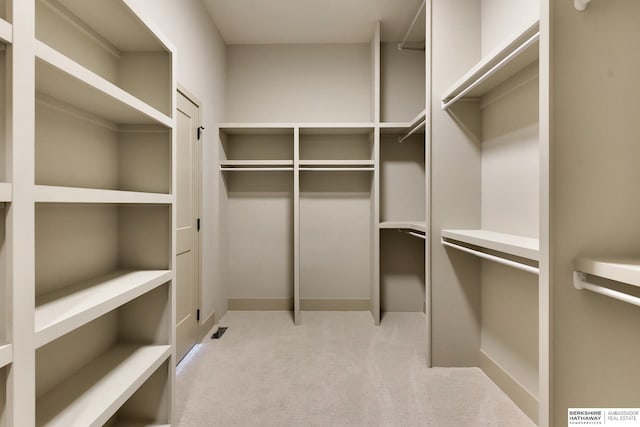 spacious closet featuring light colored carpet
