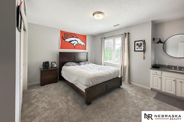 bedroom featuring light colored carpet, a sink, baseboards, and a textured ceiling