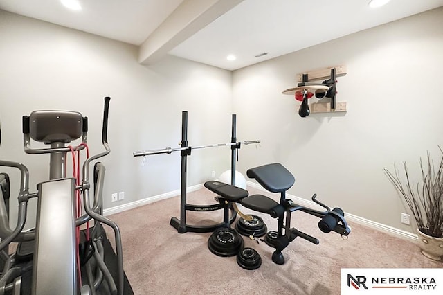 workout room with carpet flooring, baseboards, and recessed lighting