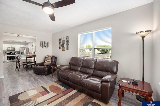 living area featuring a ceiling fan and light wood-style floors