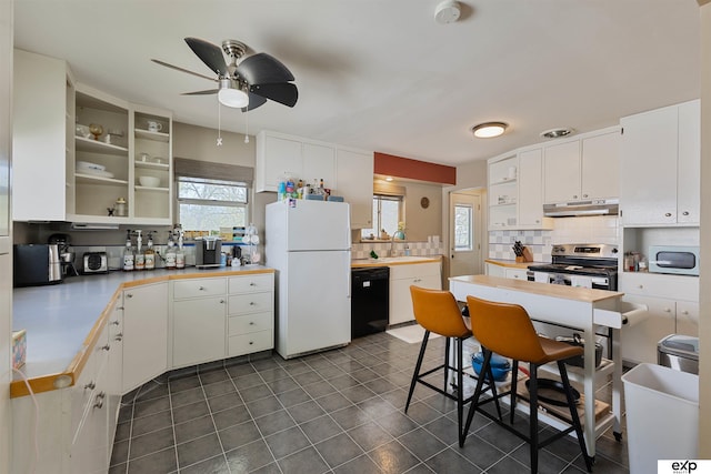 1909 Collins Dr, Bellevue, NE 68005 - kitchen featuring freestanding refrigerator, electric stove, black dishwasher, under cabinet range hood, and tasteful backsplash