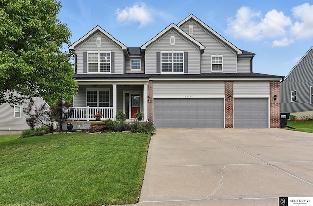 2421 Sand Hills Dr, Papillion, NE 68046 - traditional-style home featuring covered porch, a front lawn, driveway, an attached garage, and brick siding