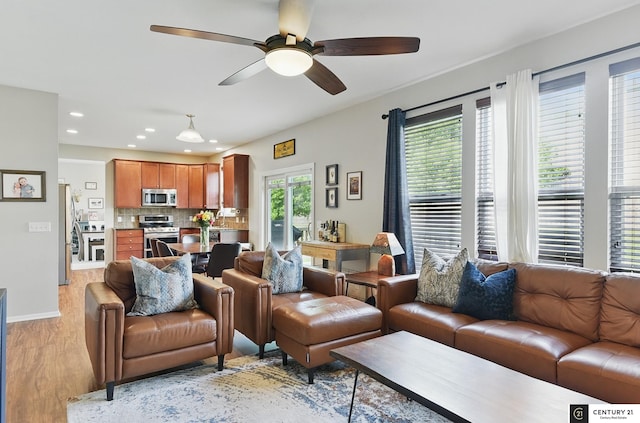 2421 Sand Hills Dr, Papillion, NE 68046 - living area with light wood-type flooring, a ceiling fan, recessed lighting, and baseboards